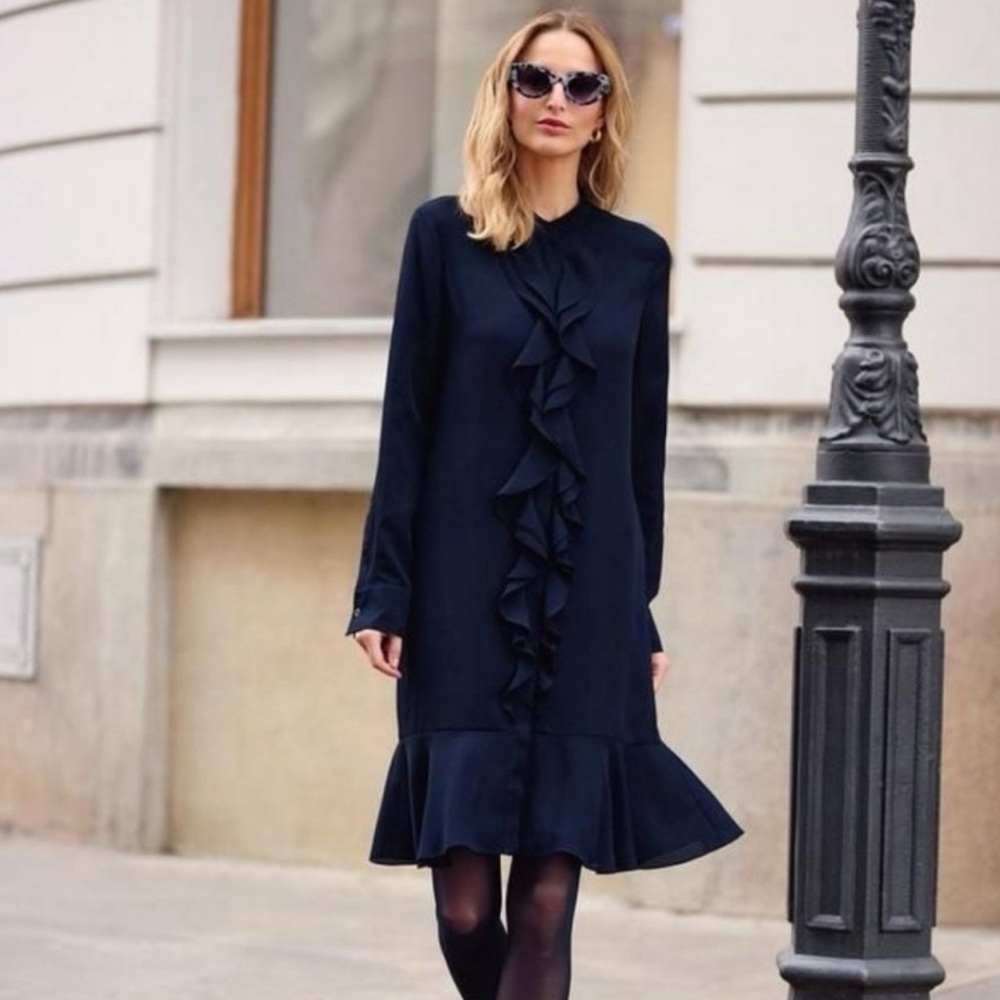 Tory Burch Navy Jane Ruffle Long Sleeve Dress